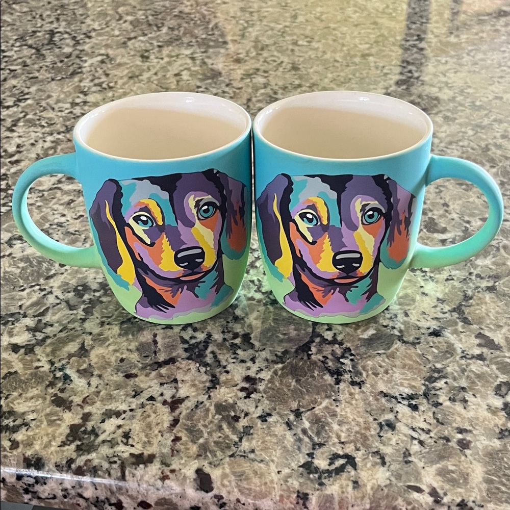 Turquoise Dachshund Print Ceramic Dog Mug - Set of 2